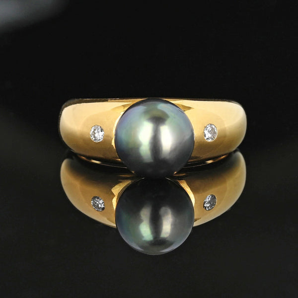 French 18K Gold Diamond Accent Tahitian Black Pearl Ring - Boylerpf