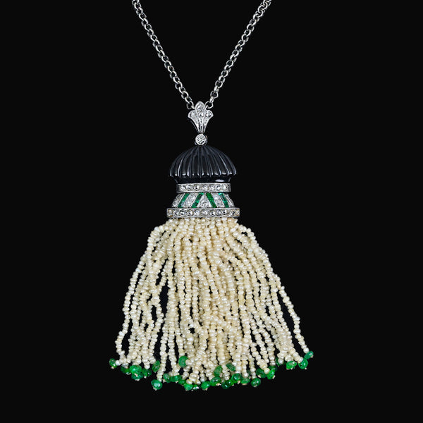 Antique Art Deco Platinum Pearl Tassel Pendant, Diamond Emerald
