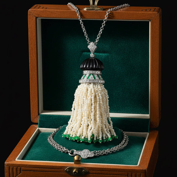 Antique Art Deco Platinum Pearl Tassel Pendant, Diamond Emerald