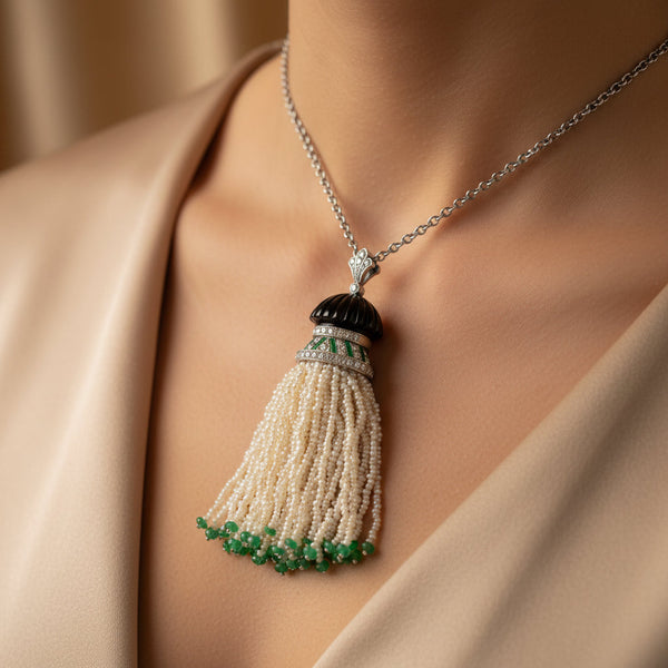 Antique Art Deco Platinum Pearl Tassel Pendant, Diamond Emerald