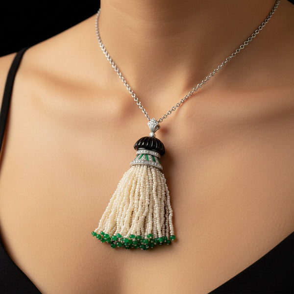 Antique Art Deco Platinum Pearl Tassel Pendant, Diamond Emerald