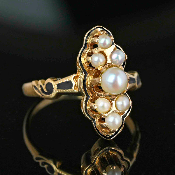 Vintagae Marquis Shape 14K Gold Black Enamel Pearl Ring - Boylerpf