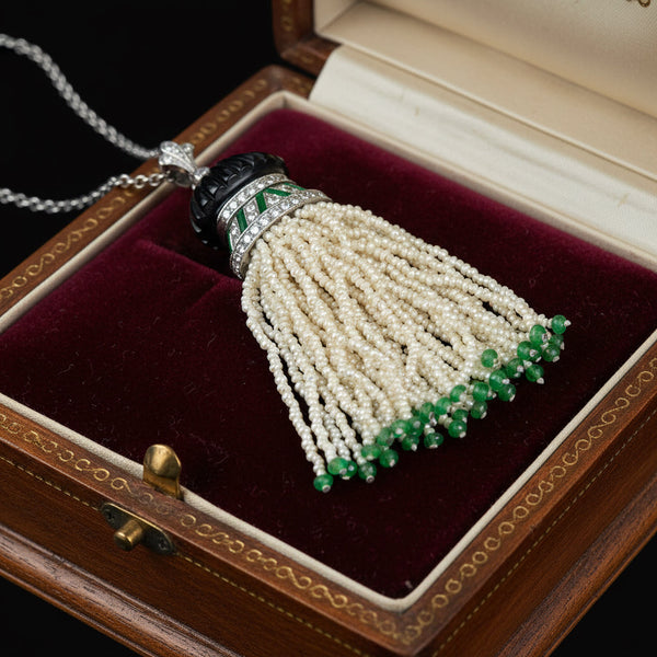 Antique Art Deco Platinum Pearl Tassel Pendant, Diamond Emerald