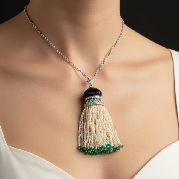 Antique Art Deco Platinum Pearl Tassel Pendant, Diamond Emerald