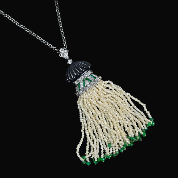 Antique Art Deco Platinum Pearl Tassel Pendant, Diamond Emerald