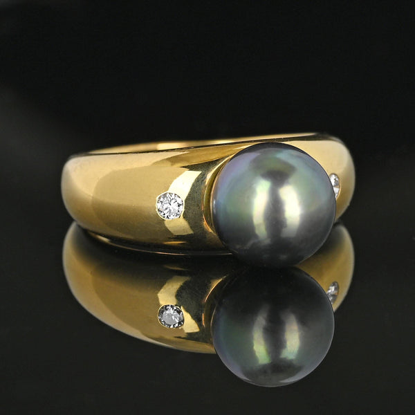 French 18K Gold Diamond Accent Tahitian Black Pearl Ring - Boylerpf