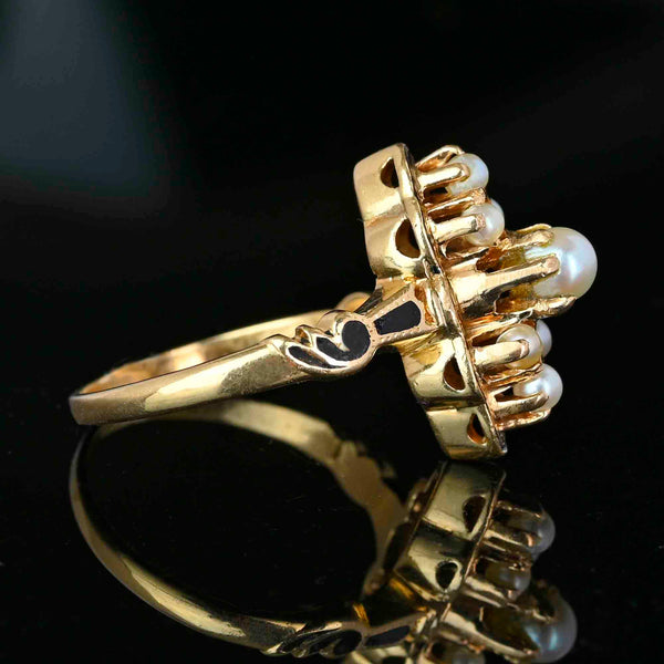 Vintagae Marquis Shape 14K Gold Black Enamel Pearl Ring - Boylerpf