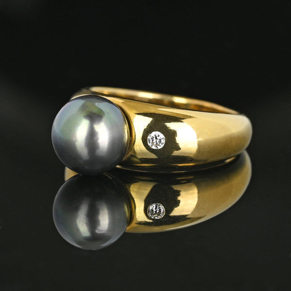 French 18K Gold Diamond Accent Tahitian Black Pearl Ring - Boylerpf