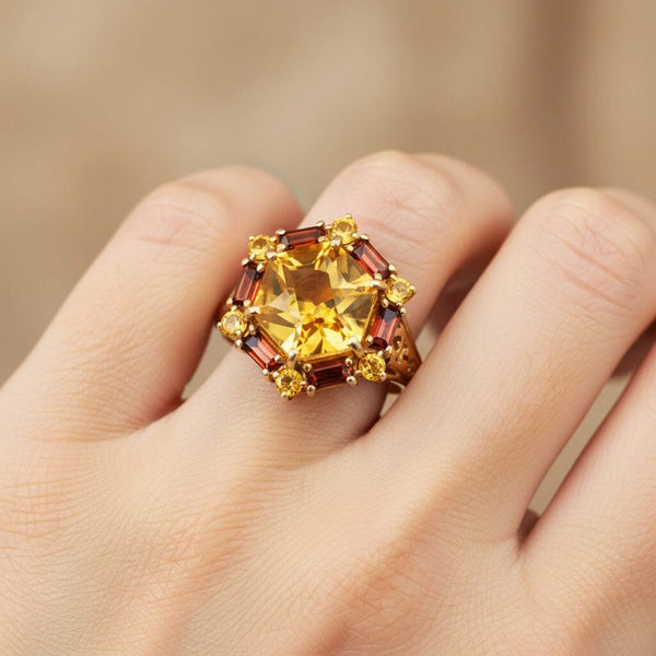 Vintage Gold Hexagon Citrine Garnet Statement Ring - Boylerpf