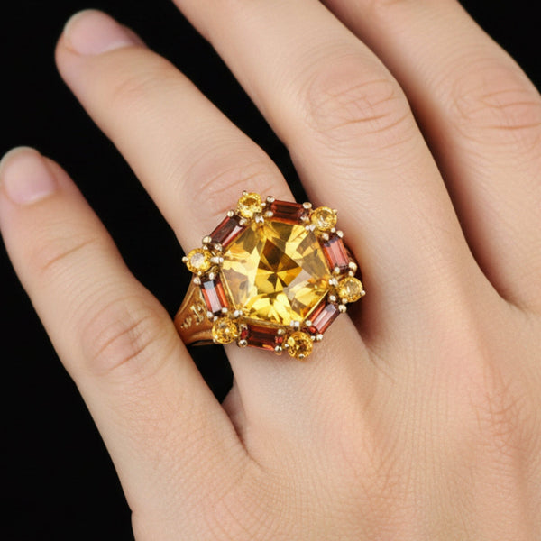 Vintage Gold Hexagon Citrine Garnet Statement Ring - Boylerpf