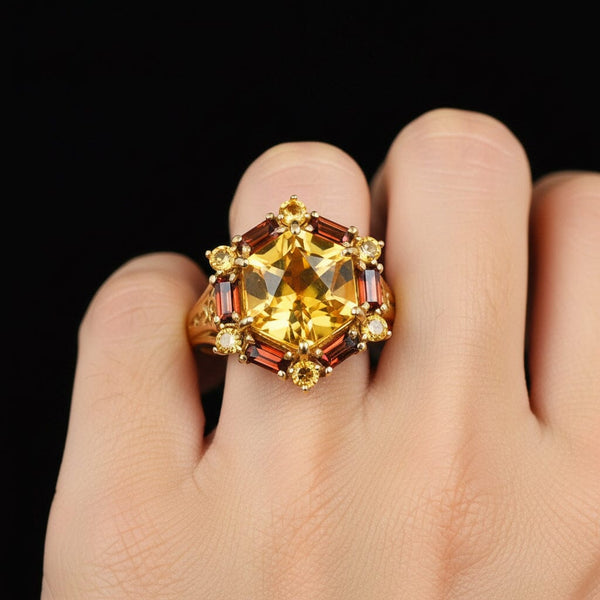 Vintage Gold Hexagon Citrine Garnet Statement Ring - Boylerpf