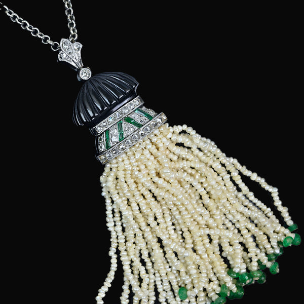 Antique Art Deco Platinum Pearl Tassel Pendant, Diamond Emerald