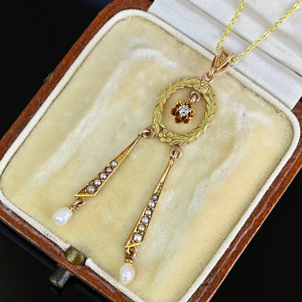 Antique Edwardian Pearl and Diamond Lavalier Pendant - Boylerpf