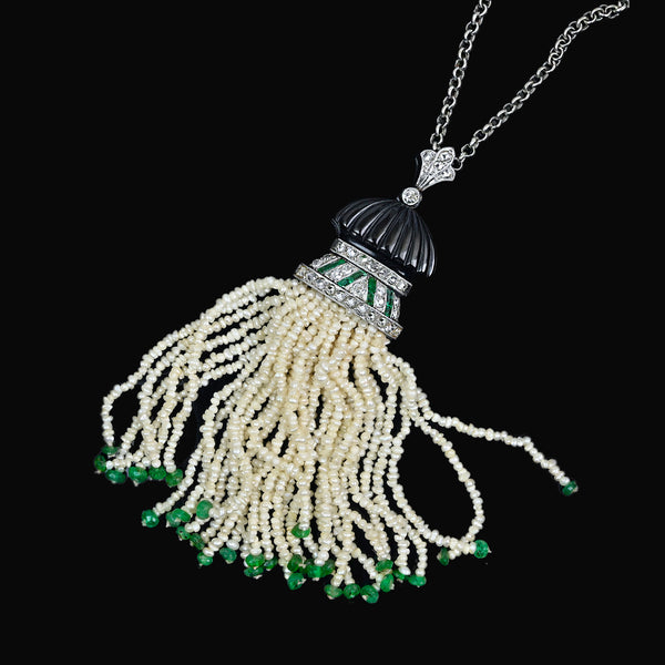 Antique Art Deco Platinum Pearl Tassel Pendant, Diamond Emerald