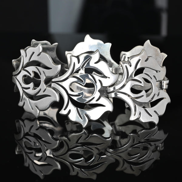 Vintage La Cucaracha Taxco Sterling Silver Floral Bracelet