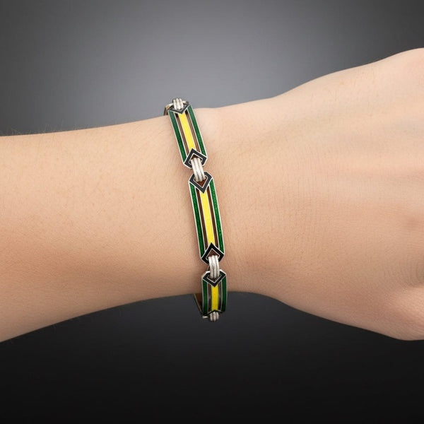 Art Deco Enamel Bracelet, Sterling Silver 1920s Green - Boylerpf