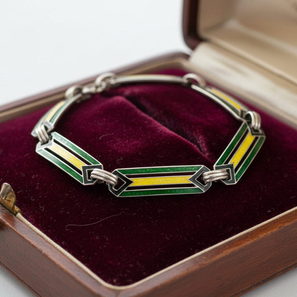 Art Deco Enamel Bracelet, Sterling Silver 1920s Green - Boylerpf