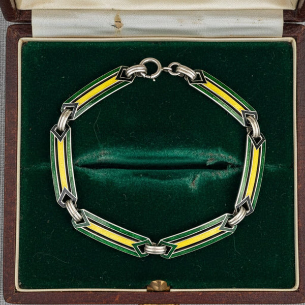 Art Deco Enamel Bracelet, Sterling Silver 1920s Green - Boylerpf