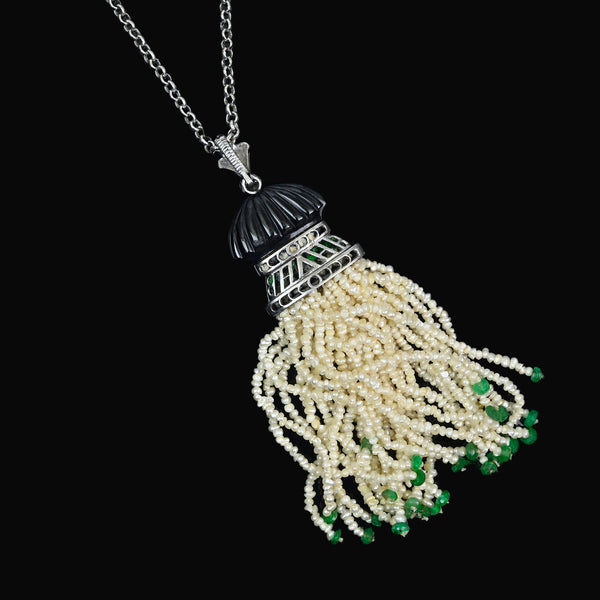 Antique Art Deco Platinum Pearl Tassel Pendant, Diamond Emerald