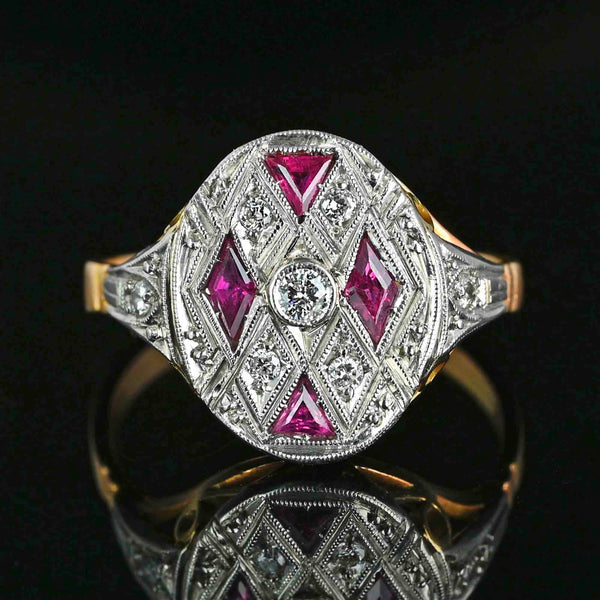 Art Deco Platinum & 18K Gold Ruby Diamond Ring - Boylerpf