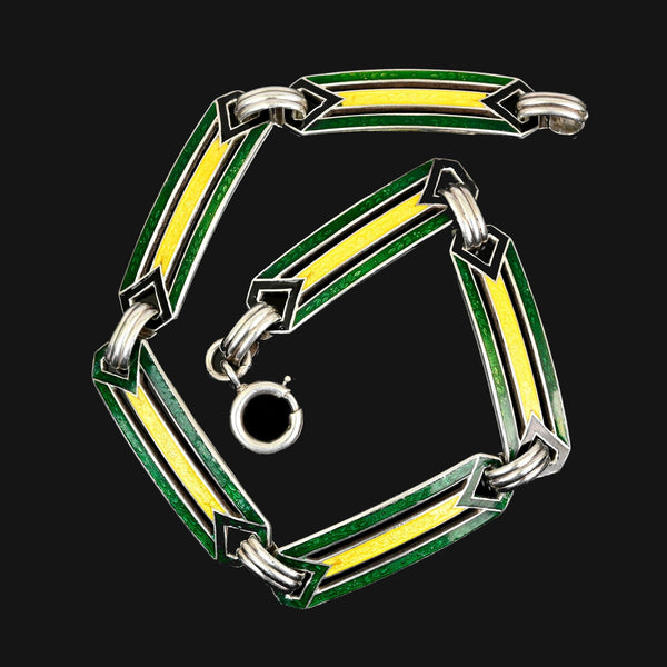 Art Deco Enamel Bracelet, Sterling Silver 1920s Green - Boylerpf
