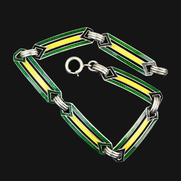 Art Deco Enamel Bracelet, Sterling Silver 1920s Green - Boylerpf