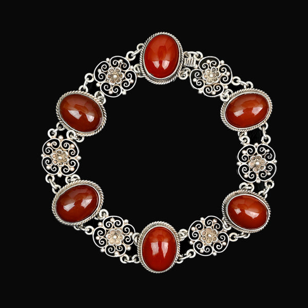 Antique Carnelian Sterling Silver Filigree Bracelet, 1900s
