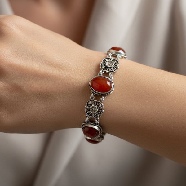 Antique Carnelian Sterling Silver Filigree Bracelet, 1900s