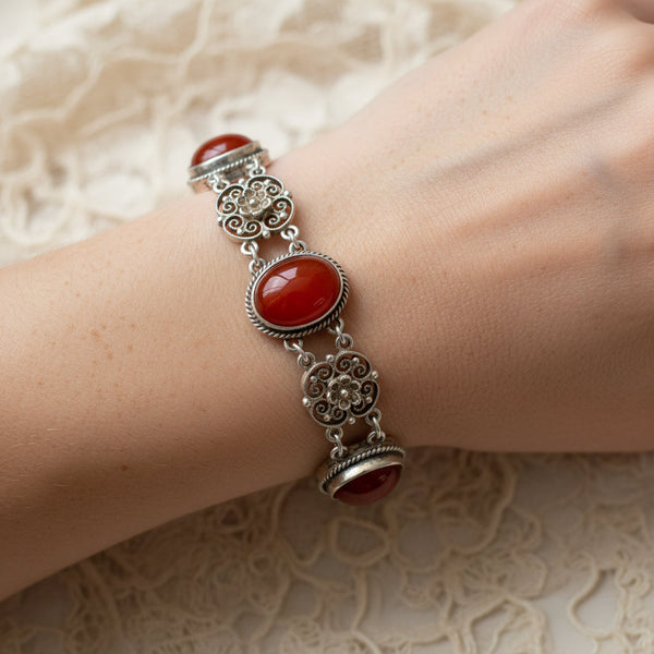 Antique Carnelian Sterling Silver Filigree Bracelet, 1900s