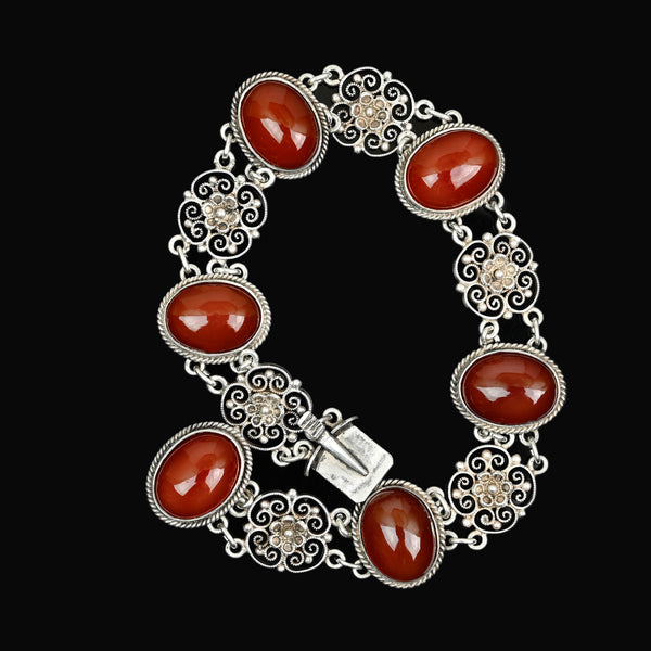 Antique Carnelian Sterling Silver Filigree Bracelet, 1900s