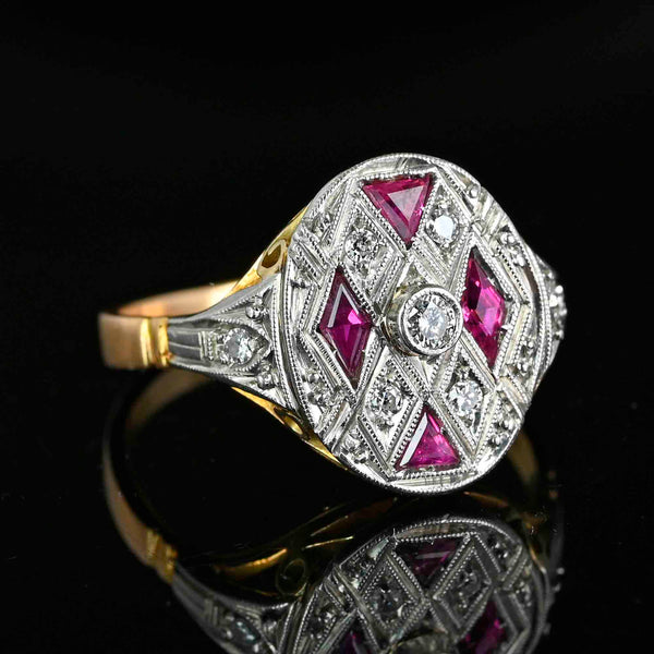 Art Deco Platinum & 18K Gold Ruby Diamond Ring - Boylerpf
