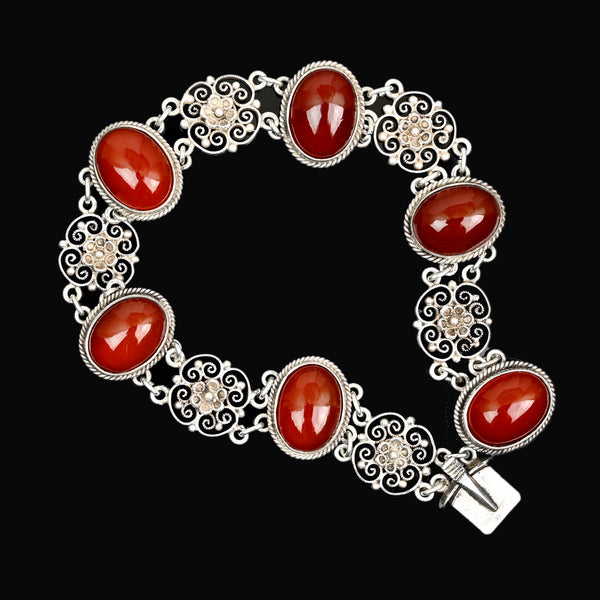 Antique Carnelian Sterling Silver Filigree Bracelet, 1900s