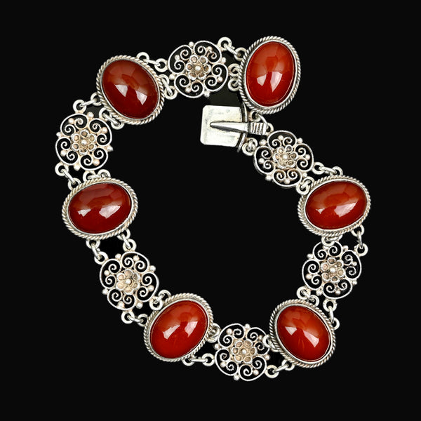 Antique Carnelian Sterling Silver Filigree Bracelet, 1900s
