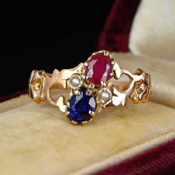 Edwardian Gold Sapphire Ruby Toi Et Moi Ring - Boylerpf