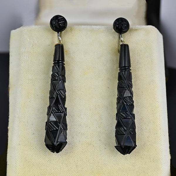 Antique Victorian Long Whitby Jet Earrings, Screw Back
