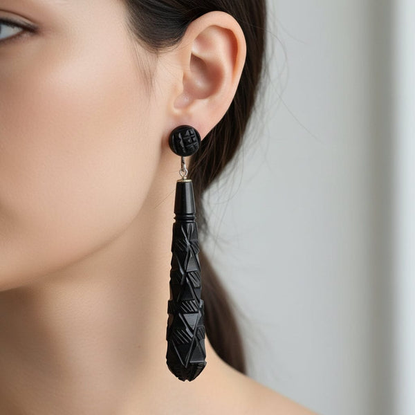 Antique Victorian Long Whitby Jet Earrings, Screw Back