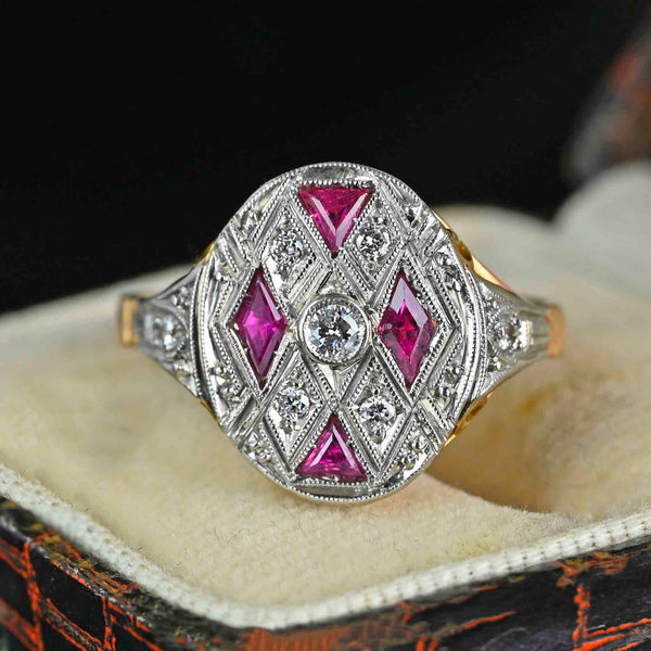 Art Deco Platinum & 18K Gold Ruby Diamond Ring - Boylerpf