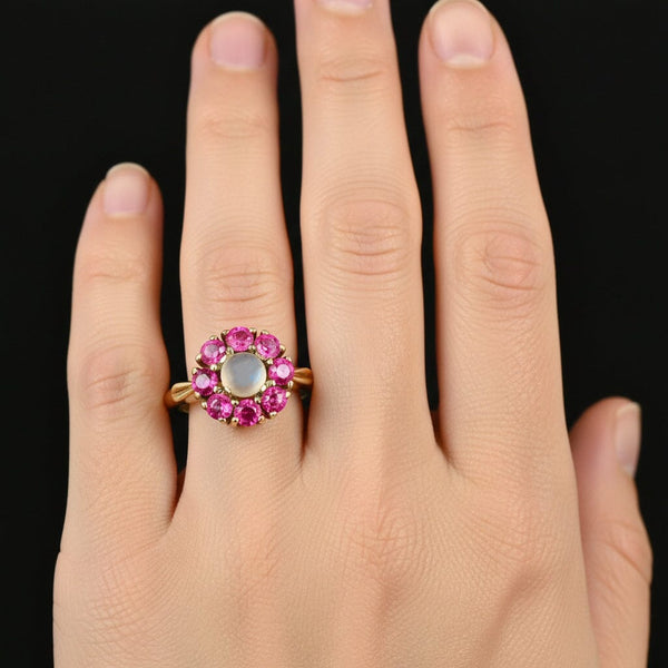 Vintage Gold Moonstone Ruby Halo Ring