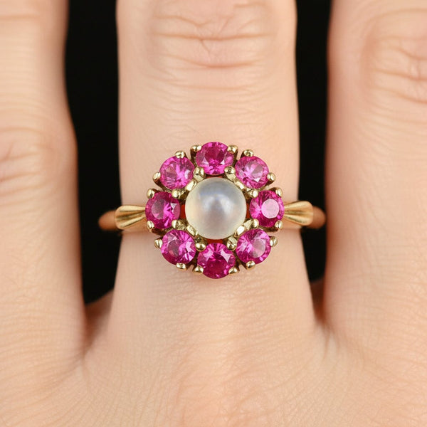Vintage Gold Moonstone Ruby Halo Ring