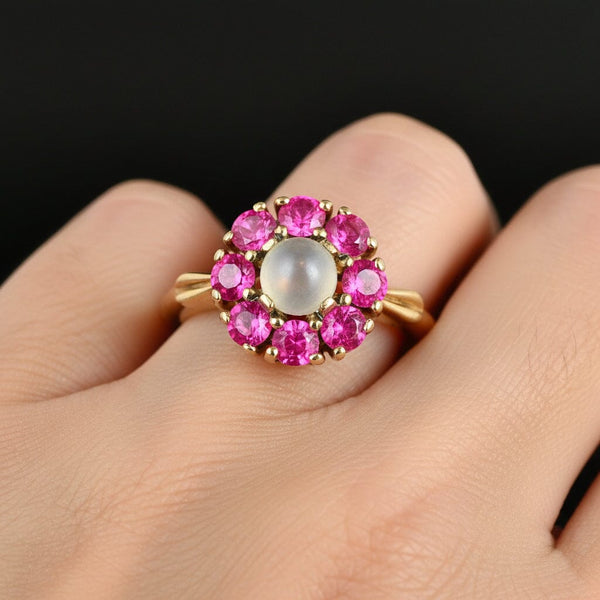 Vintage Gold Moonstone Ruby Halo Ring