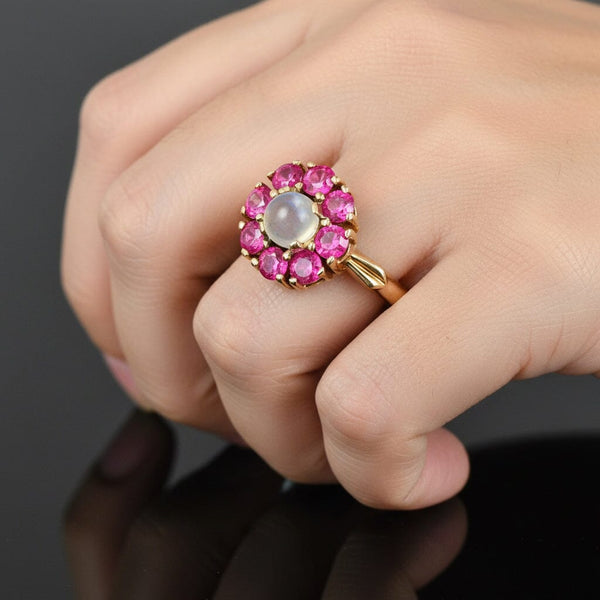 Vintage Gold Moonstone Ruby Halo Ring