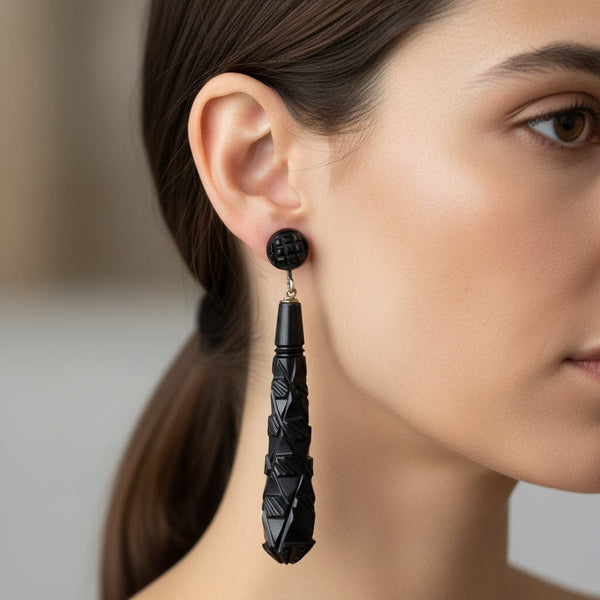 Antique Victorian Long Whitby Jet Earrings, Screw Back