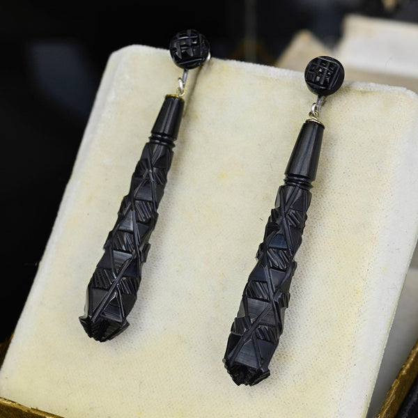 Antique Victorian Long Whitby Jet Earrings, Screw Back