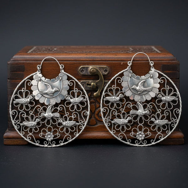 Vintage Mexican Sterling Silver Filigree Dove Earrings, 3 1/4 inches