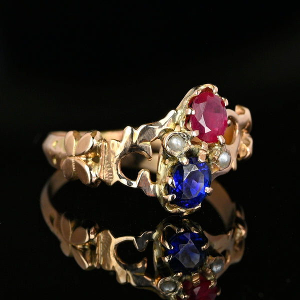 Edwardian Gold Sapphire Ruby Toi Et Moi Ring - Boylerpf