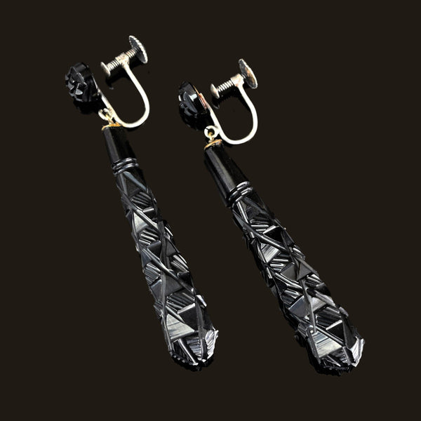Antique Victorian Long Whitby Jet Earrings, Screw Back