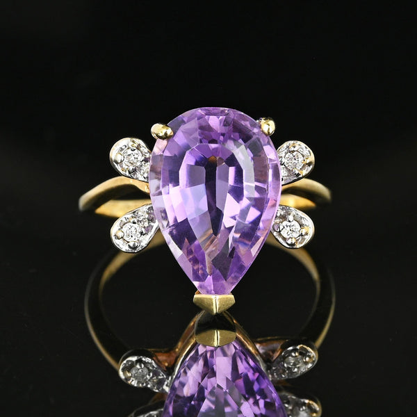 Vintage 14K Gold Diamond Wing Pear Cut Amethyst Ring - Boylerpf