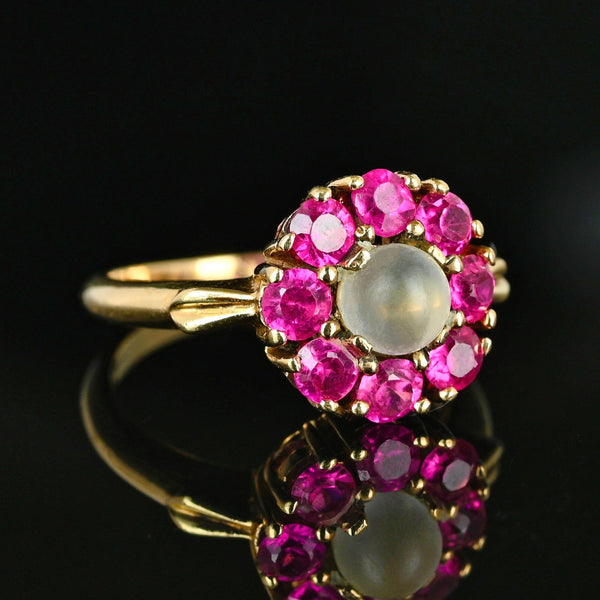 Vintage Gold Moonstone Ruby Halo Ring