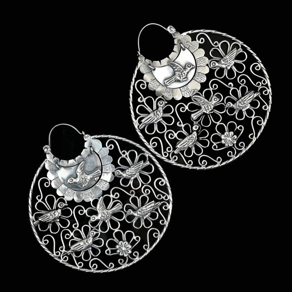 Vintage Mexican Sterling Silver Filigree Dove Earrings, 3 1/4 inches