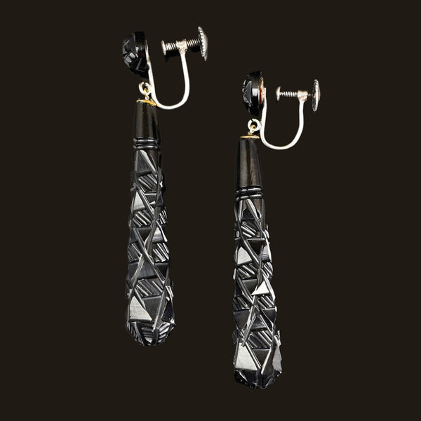 Antique Victorian Long Whitby Jet Earrings, Screw Back
